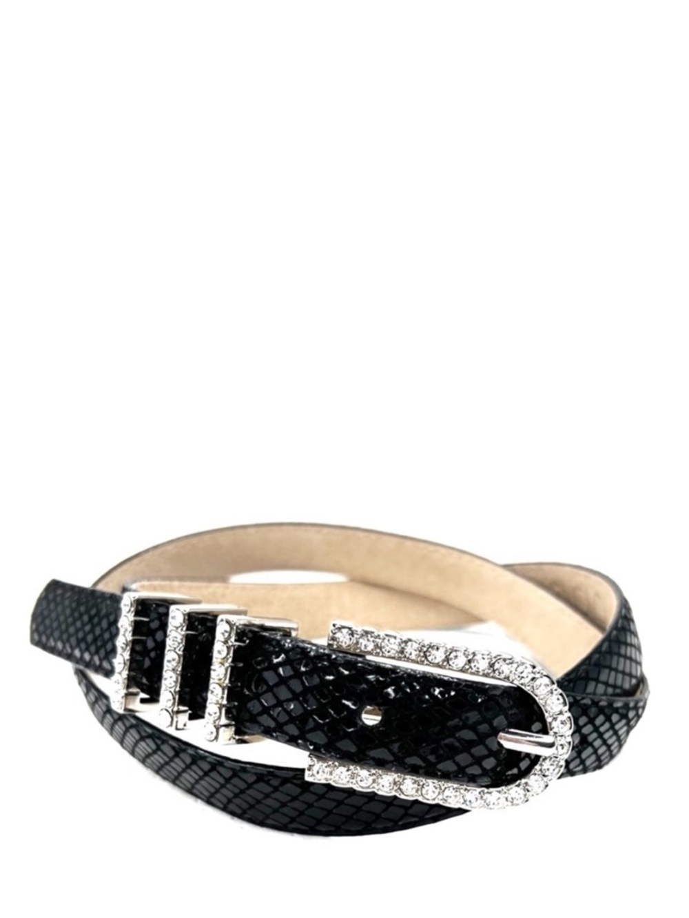 Cache Black Belt Snakeskin Pattern Silver Hardware Rhinestones Accents Sz Small
